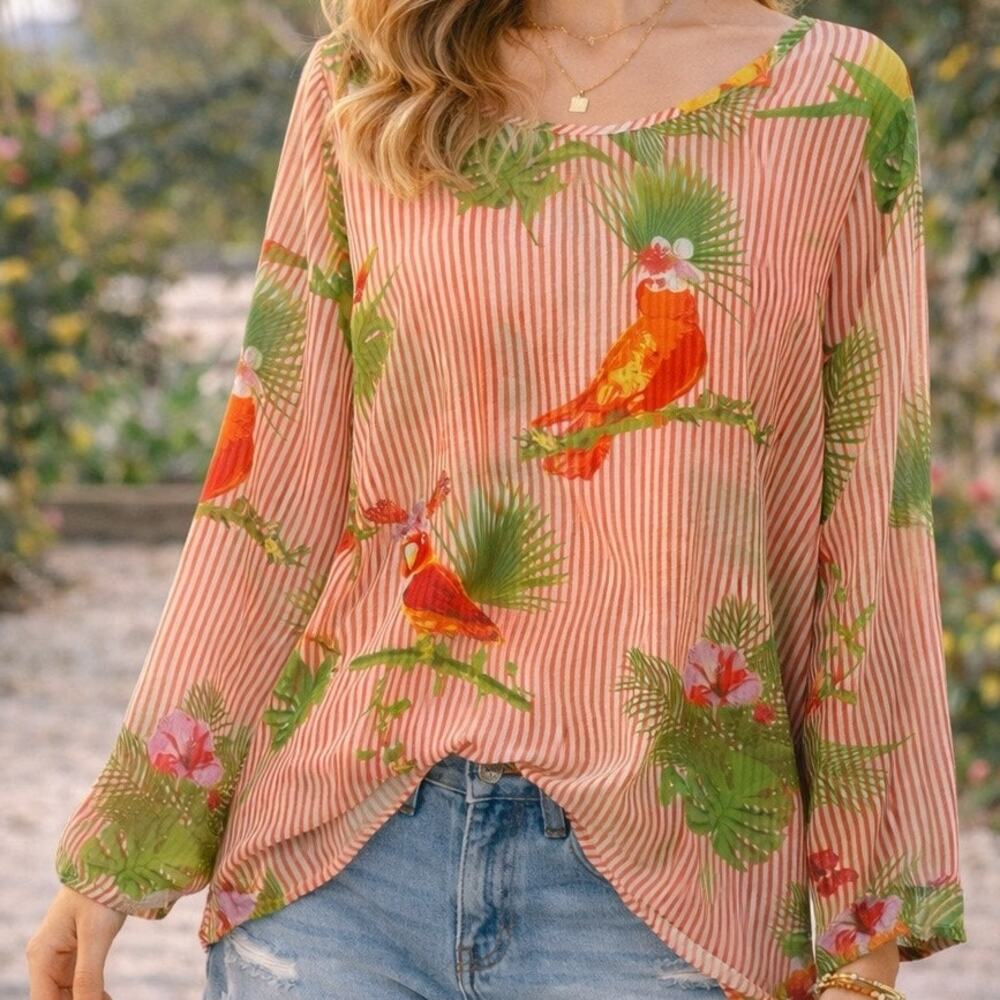 Lemon Way Top Size XL Tropical Bird Sheer Chiffon Long Sleeve